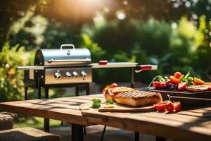 a grill on a table with vegetables and meat. AI-Generated photo