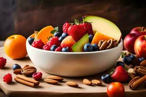 a bowl of fruit and nuts on a table. AI-Generated photo