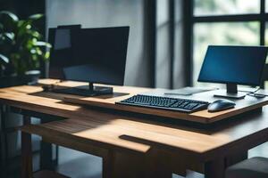 a desk with two computer monitors and keyboard. AI-Generated photo