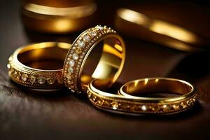 Tres oro anillos con diamantes en un cuero superficie. generado por ai foto
