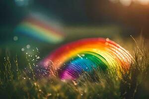 un arco iris es visto en el césped. generado por ai foto