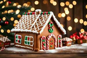 a ginger house with candy canes and christmas lights. AI-Generated photo
