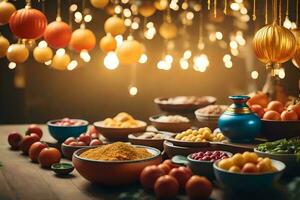 a table with bowls of food and decorations. AI-Generated photo