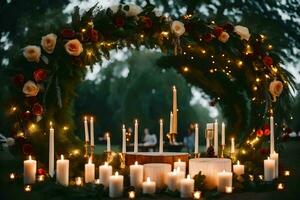 candles and flowers are arranged around a wreath with candles. AI-Generated photo