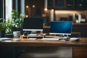 a desk with two computers and a laptop. AI-Generated photo