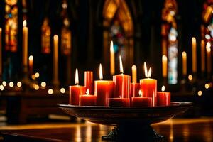 candles in a church with candles lit in the background. AI-Generated photo