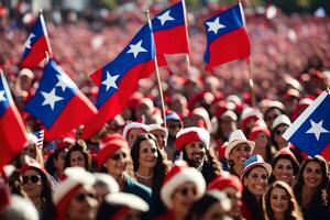 a crowd of people holding chilean flags. AI-Generated photo