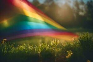 un arco iris bandera en el césped. generado por ai foto