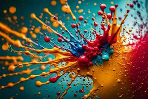 colorful paint splashes on a blue background. AI-Generated photo