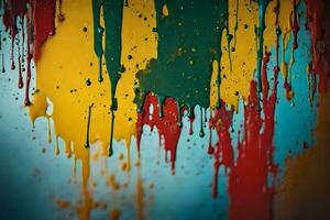 a colorful paint splattered wall with a blue, yellow, red and green paint. AI-Generated photo