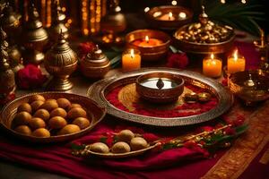 indian traditional food and decoration for diwali. AI-Generated photo