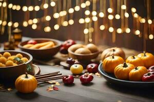 a table with apples, pumpkins and other foods. AI-Generated photo