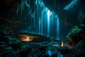 a cave with a waterfall and a man standing in front of it. AI-Generated photo