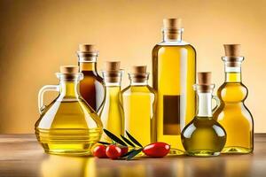 different types of olive oil and other oils. AI-Generated photo