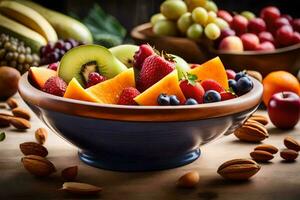 a bowl of fruit with nuts and other fruits. AI-Generated photo