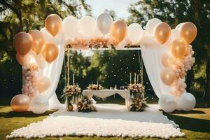 a wedding arch with white and gold balloons. AI-Generated photo