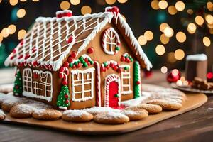 a ginger house with cookies and christmas lights. AI-Generated photo