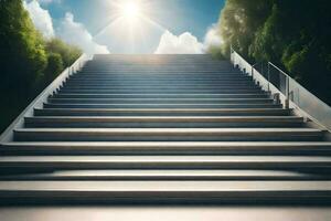 stairs leading to the sky with a bright sun shining. AI-Generated photo