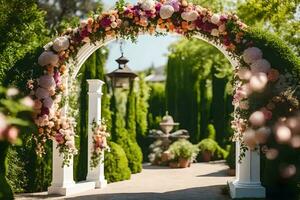 un Boda arco decorado con flores y verdor. generado por ai foto