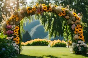 an archway with sunflowers and flowers in the grass. AI-Generated photo