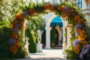 un arco con flores y verdor en frente de un edificio. generado por ai foto