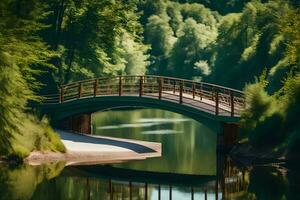 un puente terminado un río en el medio de un bosque. generado por ai foto