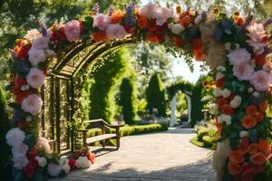 un Boda arco decorado con flores generado por ai foto