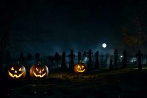 halloween pumpkins in a graveyard at night. AI-Generated photo