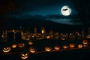 Víspera de Todos los Santos calabazas en un cementerio a noche. generado por ai foto