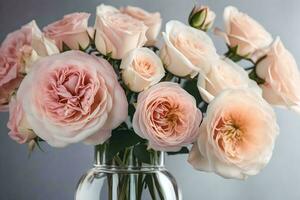 rosado rosas en un claro florero en un mesa. generado por ai foto