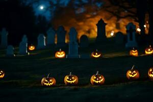 halloween pumpkins in a graveyard at night. AI-Generated photo