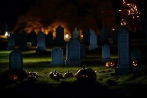 Víspera de Todos los Santos calabazas y lápidas en un cementerio a noche. generado por ai foto