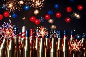 many bottles of wine are lined up with fireworks. AI-Generated photo