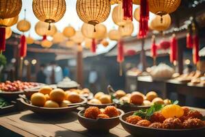 chinese food at a market. AI-Generated photo