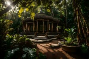 a small hut in the middle of a jungle. AI-Generated photo