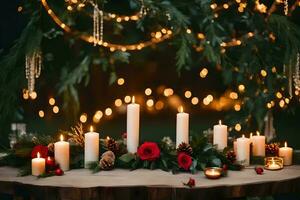candles and greenery are set up on a table. AI-Generated photo