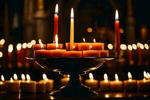 candles are lit in a church with candles. AI-Generated photo