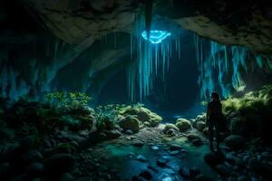 a person standing in front of a cave with blue lights. AI-Generated photo