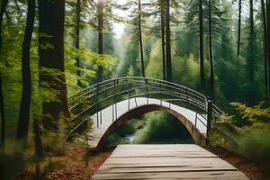 a bridge in the woods with trees and water. AI-Generated photo