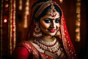 a beautiful indian bride in red and gold. AI-Generated photo