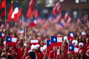 a crowd of people holding chilean flags. AI-Generated photo