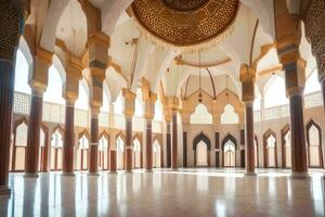 the interior of a large mosque with arches and pillars. AI-Generated photo