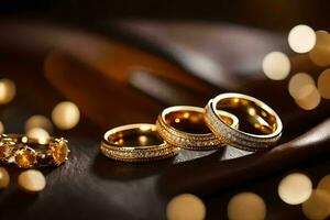 two gold wedding rings on a brown leather surface. AI-Generated photo