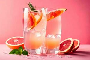 two glasses of pink grapefruit juice with slices of grapefruit. AI-Generated photo