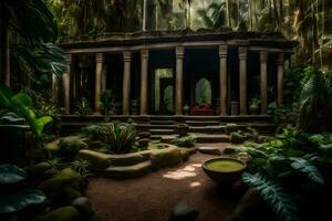 a gazebo in the middle of a jungle. AI-Generated photo