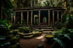 un Kiosko en el medio de un selva. generado por ai foto