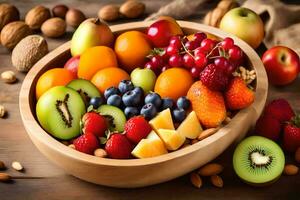 un cuenco lleno con varios frutas y nueces. generado por ai foto