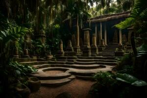 a garden with steps and trees in the jungle. AI-Generated photo