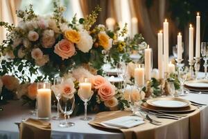 a table with candles and flowers on it. AI-Generated photo