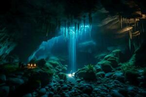 un cueva con un cascada y un ligero brillante abajo. generado por ai foto